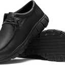 NINGO Leather Non Slip Shoes for Men Women, Slip On Water Resistant Work Loafers, Slip Resistant Lightweight Breathable Chef Footwear & Sneakers for Kitchen/Restaurant Staff and Hospitality (10 Women/8.5 Men, Black)