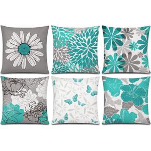 COMMINY Teal Grey Pillow Covers 18x18 Set of 6 Decorative Daisy Flower Throw Pillow Cover for Couch Modern Turquoise Pillow Case for Patio Living Room Cushion Bed Farmhouse Home Decor