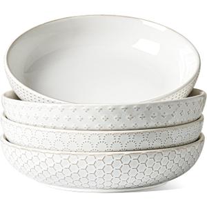 LE TAUCI Pasta Bowls 42oz, Large Salad Bowl, Ceramic Embossment Stoneware Serving Plate for Fruits, Noodle, Dinner, House-warming Wedding Present - 9 Inch, Set of 4, Arctic White