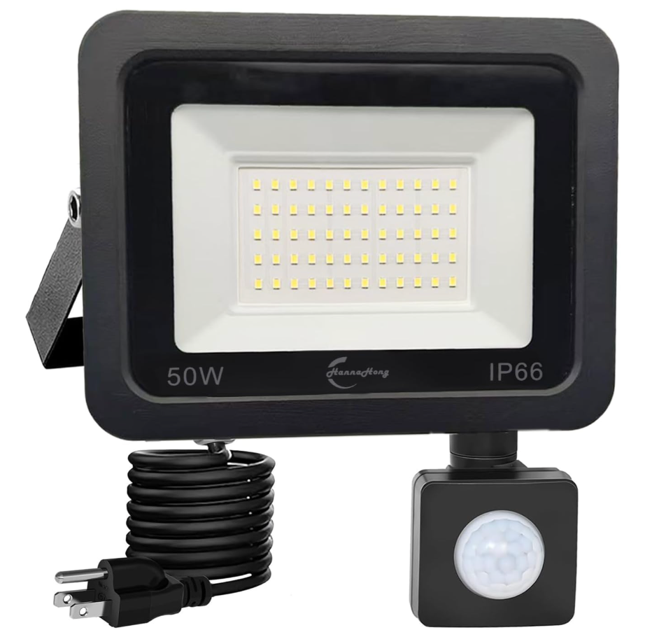 HANNANHONG LED Motion Sensor Flood Light, Slim Design, Plug in,1.5m Cable, IP66 Waterproof (50W)