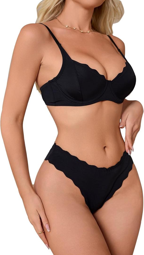 SOLY HUX Lingerie Sets for Women Sexy Matching Bra and Panty Sets 2 Piece Underwire Underwear (Small, Plain Black)