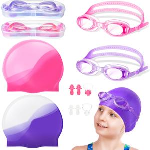 8 Pack Kids Swim Caps for Girls, Silicone Swimming Cap for Age 6-14 with Goggles Ear Plug Nose Clip for Children Boys Girls
