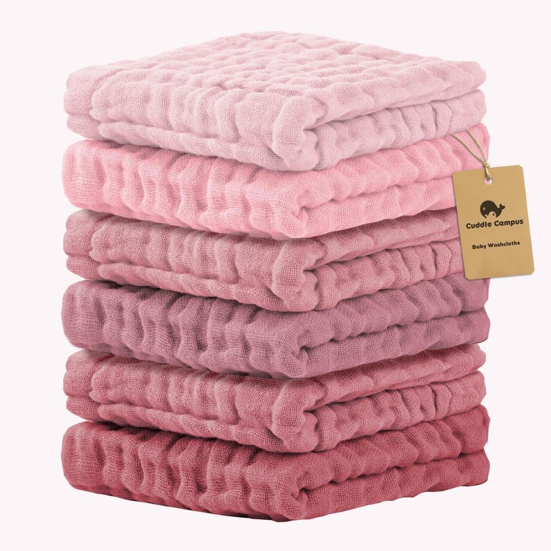 Cuddle Campus Baby Washcloths 6 Packs, Muslin Washcloths Baby,Cotton Burp Cloths, Extra Absorbent and Soft Wash Clothes for Newborns, 12x12 Inches (Set-7)