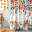 Fall Thanksgiving Shower Curtain Watercolor Autumn Pumpkins Eucalyptus Leaves Waterproof Shower Curtain with Hooks Blue Orange Shower Curtains for Bathroom, Hotel, Stalls, Bathtubs, 72x72 Inch