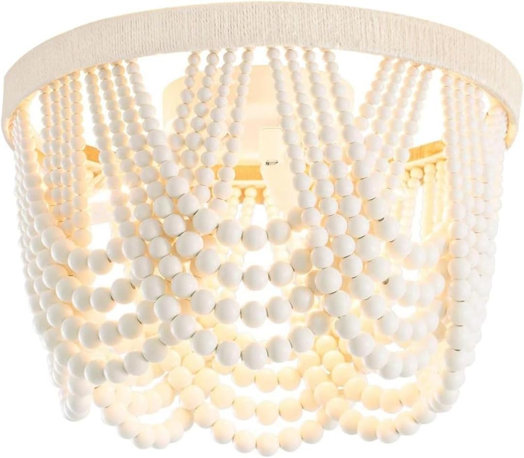 Boho Wood Beaded Chandelier,LED Flush Mount Ceiling Light,Farmhouse Rustic White Hemp Rope Chandeliers Fixture for Bedroom,Drawing Room,Kitchen, Entryway,Dining Room(3-Light)