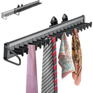 Sliding Tie Racks for Closet, 20 Tie Hanger Pull Out Tie and Belt Rack Storage Organizer with Slider, Aluminum Alloy Side Mount Closet Holder Hanger Rail with 20 Hooks for Scarves Ties Belts Shawls (Black)