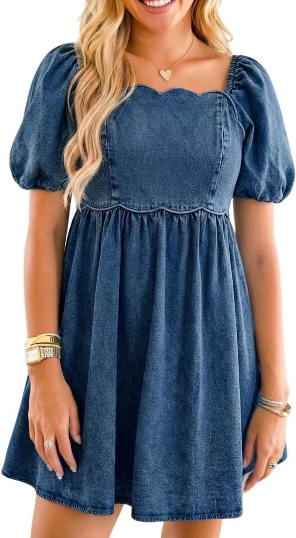 Denim Dress Babydoll Jean Square Neck Puff Sleeve Casual Country Concert Dresses with Pockets for Women 2026 (Blue, L)