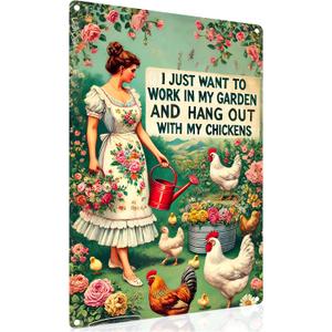 3 x Funny Decor Sign, I Just Want to Work in My Garden and Hang Out With My Chickens, Aluminium Metal, 12"x8", Birthday Gift Vintage Sign for Home Front Back Yard Kitchen Women Grandma Mom (S-002)