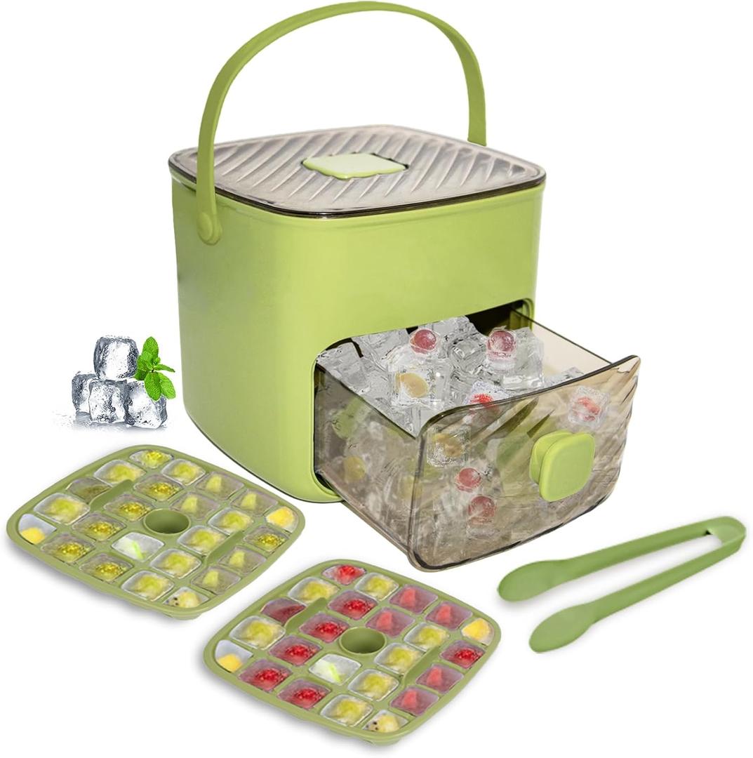 Ice Cube Tray for freezer with 2 Trays and Ice Storage Bin Tweezers, 48 Grid Ice Making Mold Ice Maker with Easy to Press Lid, for Whiskey Cocktails Beer Coffee (Green), Large