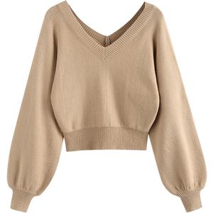 ZAFUL Women's Cropped Sweater V-Neck Long Sleeve Crop Sweater Pullover Jumper Knit Top (Beige, M)