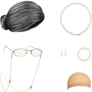 Old Lady Costume for Women Old Lady Wig Grandma Granny Wig and Glasses Old People Cosplay for 100th Day of School Party (Grey Bun)