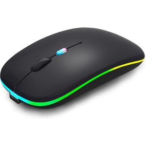 WREANU Wireless Bluetooth Mouse Rechargeable Laptop Mice with LED Lights Silent Slim Use(BT5.2 and 2.4G Portable USB) Dual Mode Computer Mouse for Laptop/iPad/Tablet/Apple/Computer/Mac (Black)