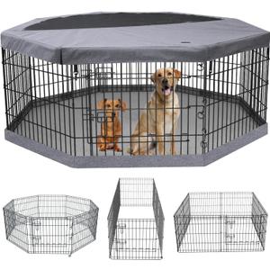 PETIME Foldable Metal Dog Exercise Pen/Pet Puppy Playpen Kennels Yard Fence Indoor/Outdoor 8 Panel 24" W with Top Cover and Bottom Pad (Playpen+Bottom+Top Cover, 8 Panels 30" H)