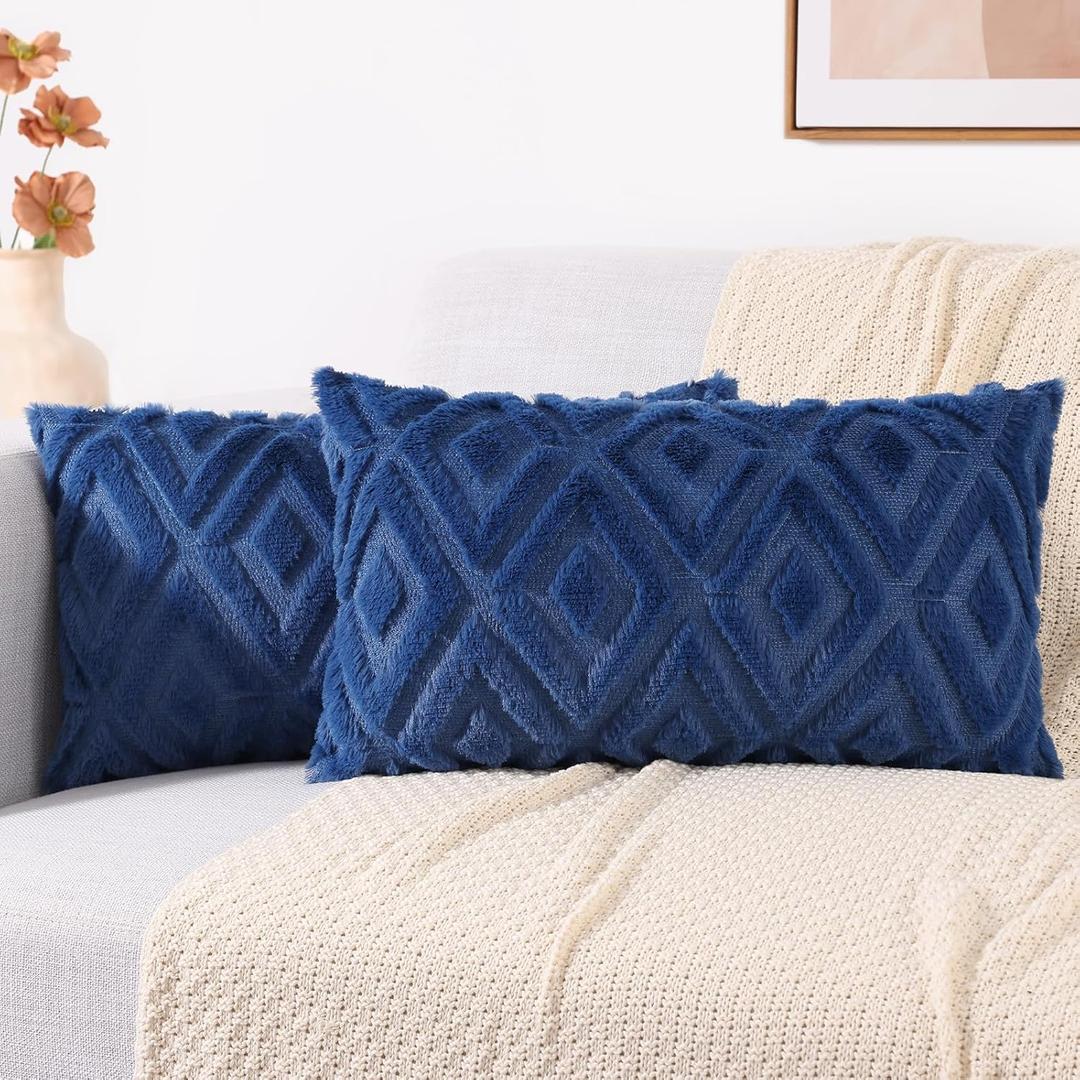 decorUhome Couch Throw Pillow Covers 12x20 Set of 2, Decorative Soft Plush Faux Wool Lumbar Neutral Accent Pillow Covers for Bed Sofa Living Room, Blue