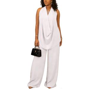 Vssjavun Women's Summer 2 Piece Outfits Cowl Neck Sleeveless Halter Tops and Wide Leg Pants Vacation Beach Matching Sets 2026 (White, XXL)