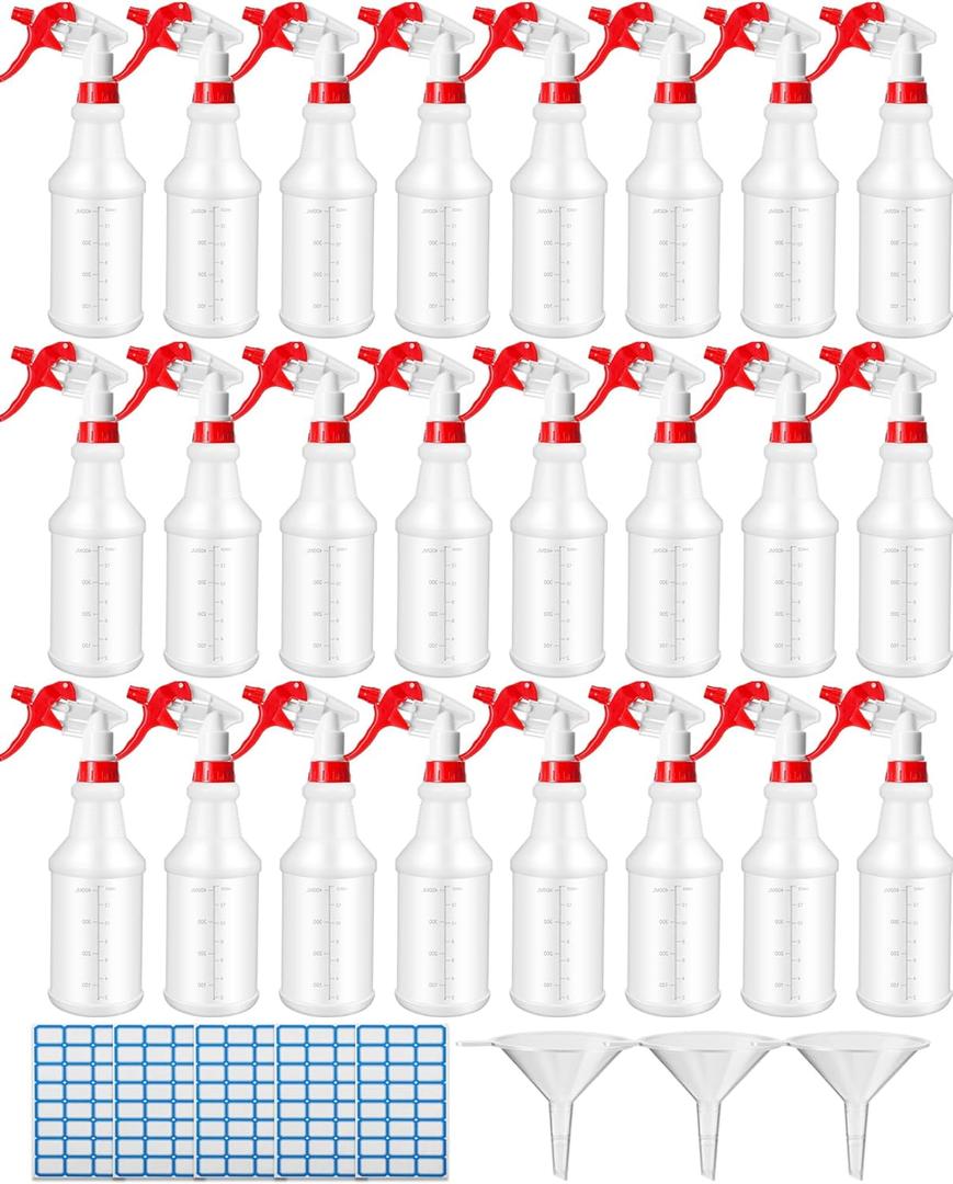 Eccliy 20 Pack 16oz Empty Spray Bottles, Leakproof Cleaning Bottles with Measurement and Adjustable Nozzle for Housekeeping, Commercial Use(Cylinder,Red White Spray Head)