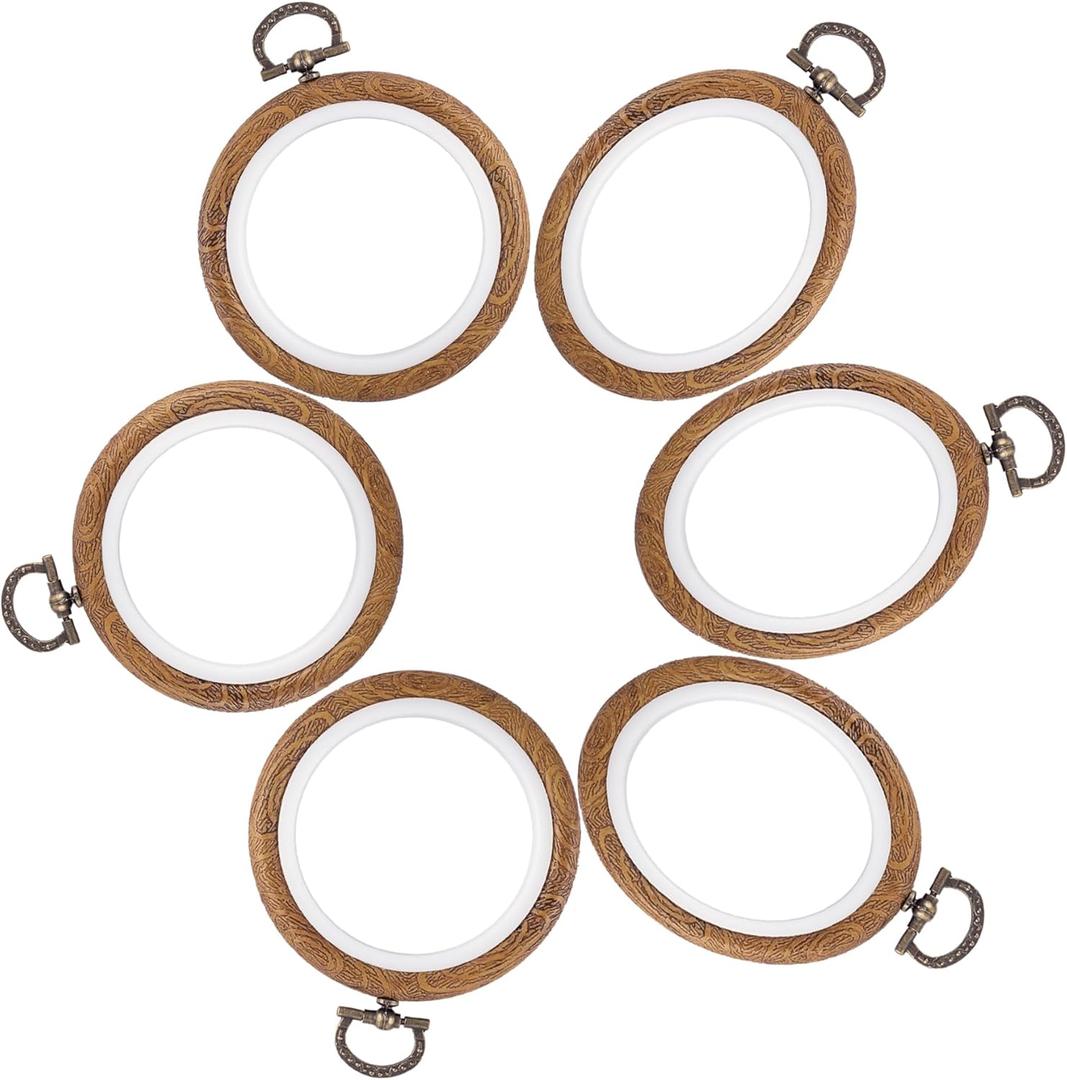 Framendino, 6 Pack Round Oval Embroidery Hoops 4 Inch Imitated Wood Display Frame Circle Cross Stitch Hoop Ring for Art Craft Sewing Hanging Ornaments