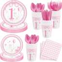 MEHOFOND 168pcs One Silly Goose Birthday Party Tableware Set for Girls, Silly Goose 1st Birthday Decorations Pink Gingham Plates and Napkins Sets for 24 Guests