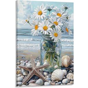 Blue Beach Bouquet Canvas Wall Art Ocean Stone Painting White Flowers Blooming Wall Canvas Print Canvas Wall Art Prints Poster Photo Picture Painting Posters Room Decor Home Decorative 16x24inch (40x60 (Frame-style)
