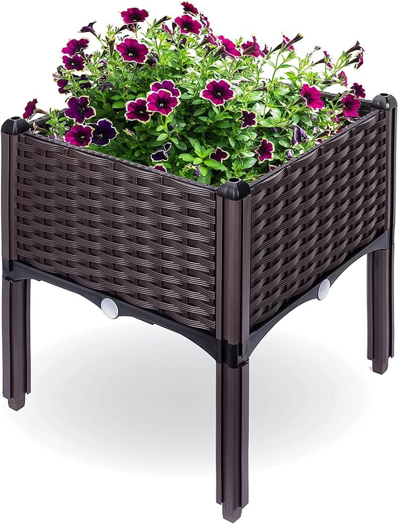 Raised Garden Planter, Resin, Elevated Flower Bed Box Kit for Vegetable, Flower, Herb Gardening | 16" X 18", Wicker Pattern, Brown