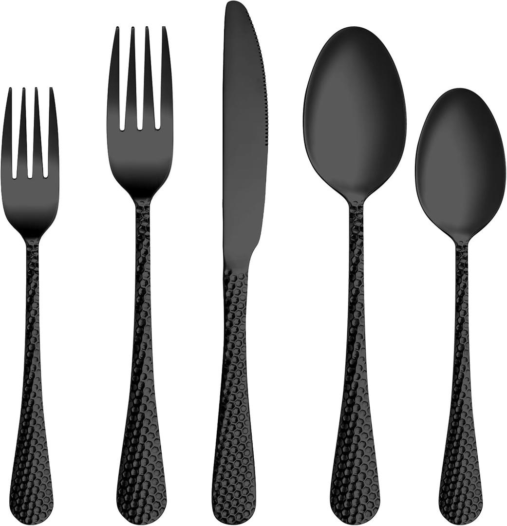 30 Pcs Black Hammered Silverware Set Service for 6,Stainless Steel Flatware Set,Mirror Polished Cutlery Utensil Set,Durable Kitchen Eating Tableware Set,Include Fork Knife Spoon Set,Dishwasher Safe 30 Pcs Black Hammered Silverware Set Service for 6,Stainless Steel Flatware Set,Mirror Polished Cutlery Utensil Set,Durable Kitchen Eating Tableware Set,Include Fork Knife Spoon Set,Dishwasher Safe