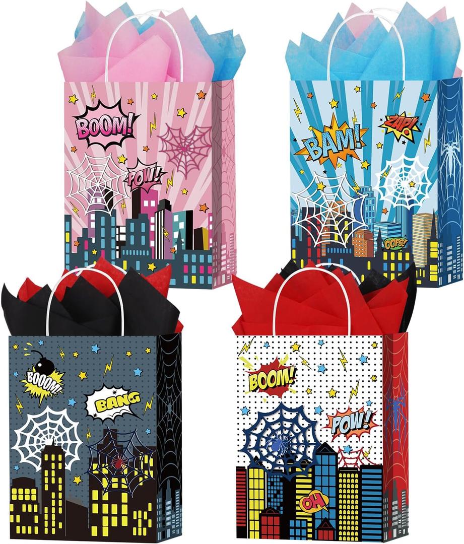 16 Pcs Spider Party Favor Bags with 20 Sheets Tissue Paper, Spider Web Theme Patterns Gift Bags with Handles, Kraft Goodie Candy Treat Bag for Happy Birthday Baby Shower Supplies Decoration (Red/Blue/Pink/Black)