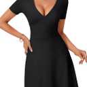 Rooscier Sexy Deep V Neck Mini Dress for Women Ruffle A Line Short Sleeve Wedding Guest Party Casual Sundress (Black, XS)