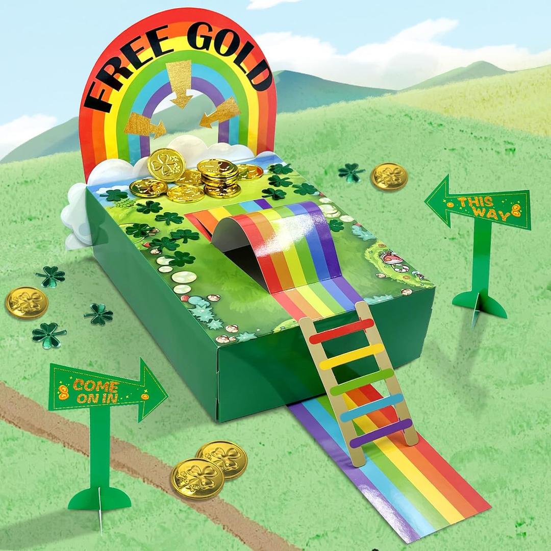 Uniticber DIY Leprechaun Trap Kit for Kids - St. Patrick's Day Rainbow Bridge Craft Set with Gold Coins & Signs - Catch a Leprechaun STEM Activity - School Classroom Party Supplies