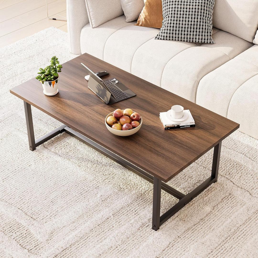 35.4" Rectangular Coffee Table for Living Room, Modern Industrial Style Coffee Table Center Table with Metal Frame for Small Space, Apartment, Office, Easy Assembly, Walnut