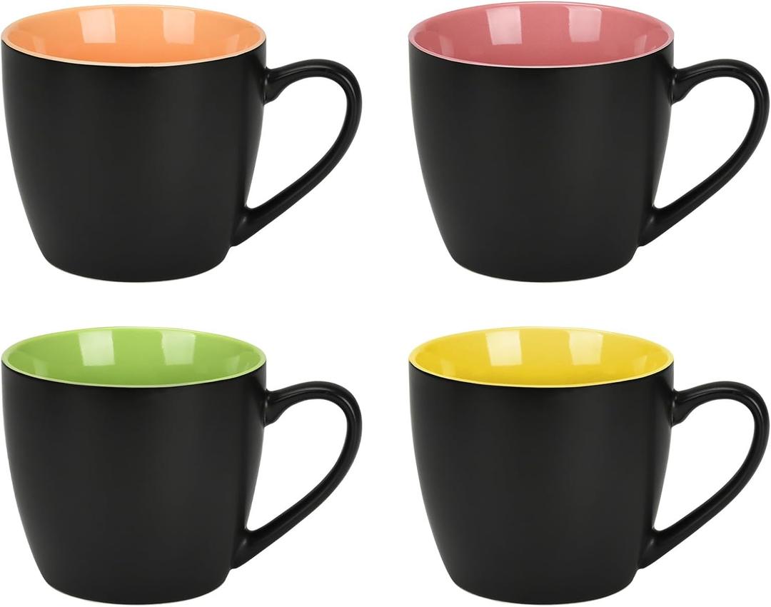 QUTREY 4 Pack Porcelain Coffee Mugs Set, 16 Ounces Ceramic Coffee Mugs, Matte Black Coffee Mug for Coffee, Latte, Tea, Cocoa, Milk, Cereal, Cappuccino, Black outside and Colorful inside