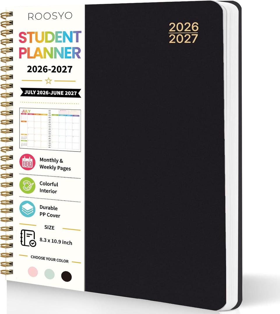 Student Planner 2026-2027, 8.3" x 10.9", Black Spiral Bound Student Organizer, Jul. 2026 - Jun. 2027, Color Interior Weekly Monthly Academic Planner