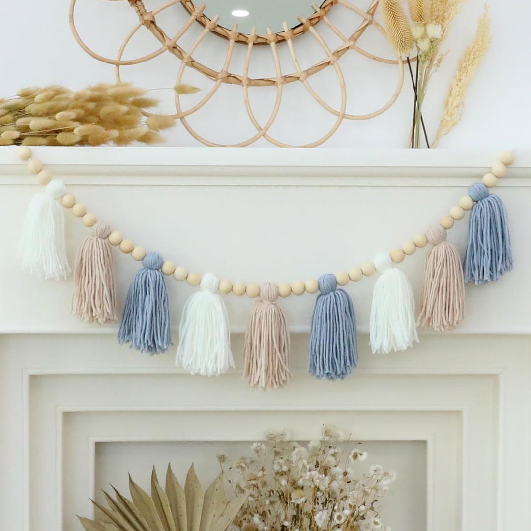 Boho Yarn Tassel Garland Banner with Wood Beads Blue and White Wall Hanging for Baby Shower Kids Bedroom Nursey Decor