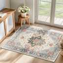 Area Rugs 2'x3' Washable Non-Slip, Floral Vintage Distress Print Pattern Medallion Carpet for Living Room Bedroom Dining Room, Beige Navy Blue Orange Colorful