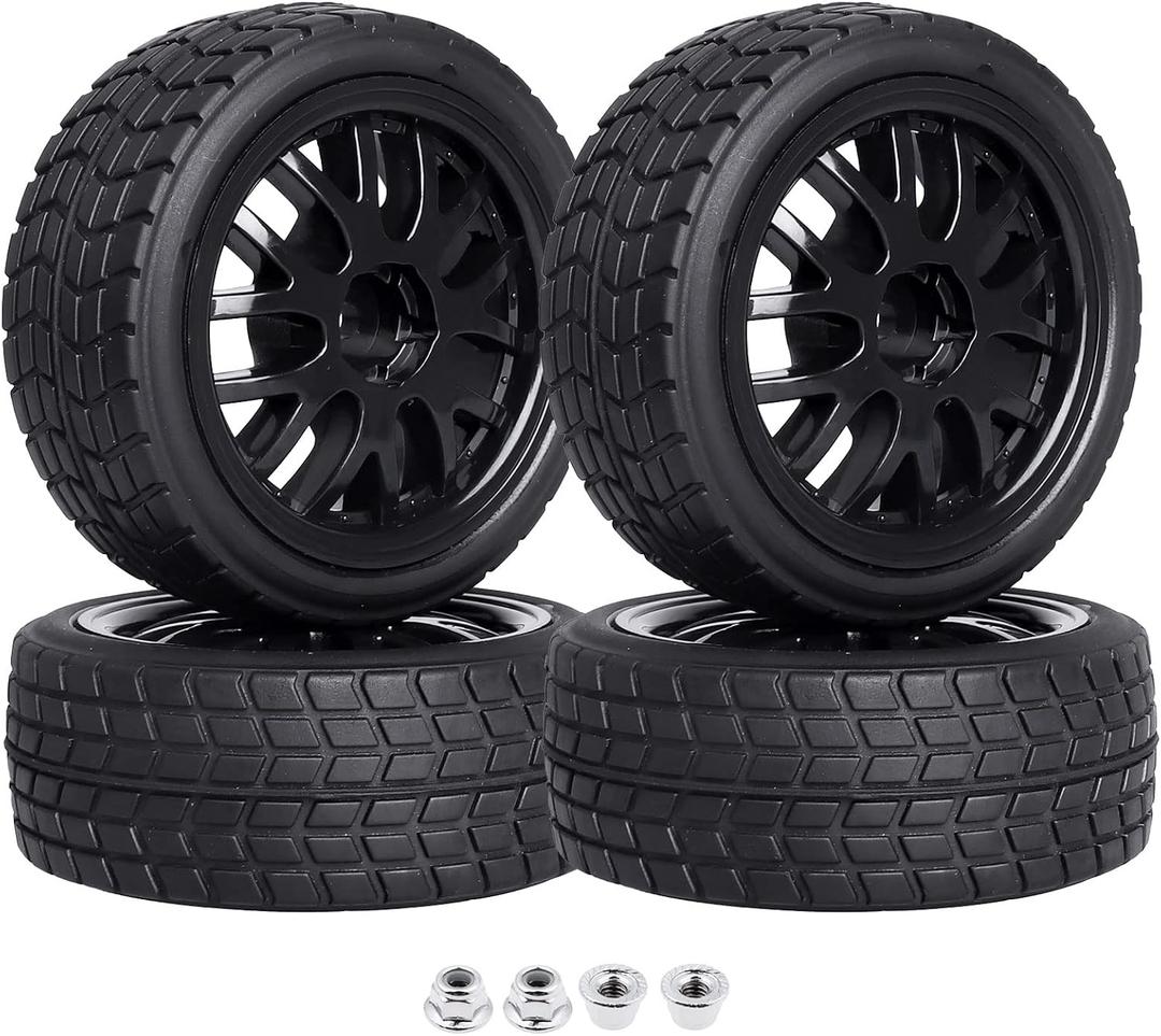 Pre-Glued OD 2.56" 12mm Hex Wheels Rims & Rubber Tires 26mm for 1/10 Scale On Road Racing Car Drift RC Touring Car, Set of 4 (Color D)