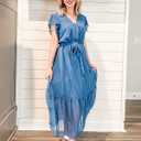 BTFBM Women Summer Bohemian Floral Casual Wrap V Neck Ruffle Cap Sleeveless Belt A-Line Pleated Hem Midi Sun Dress White (Blue, M)
