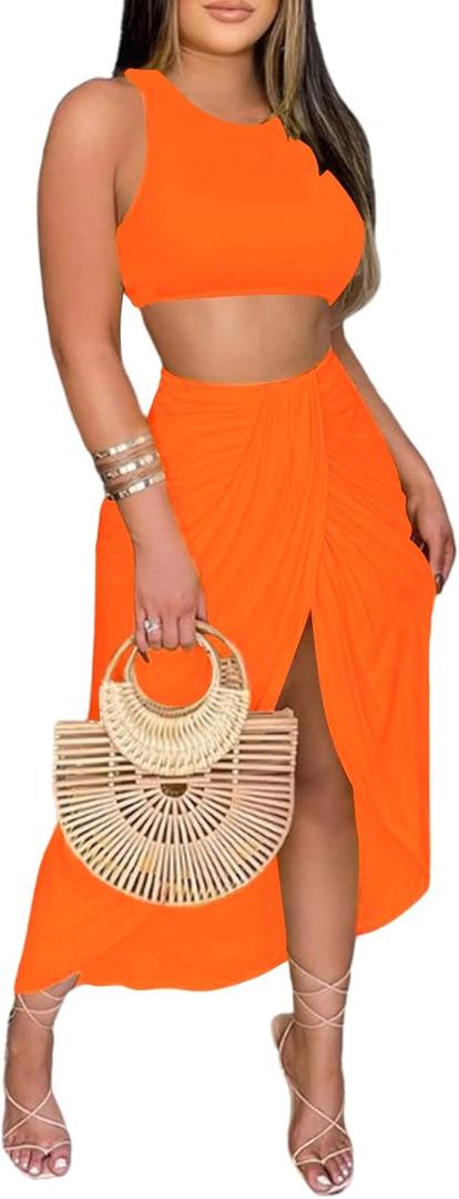 LYANER Women's 2 Piece Outfits Sleeveless Tank Crop Top and Wrap Split Slit Ruched Bodycon Midi Skirt (X-Large, Bright Orange)