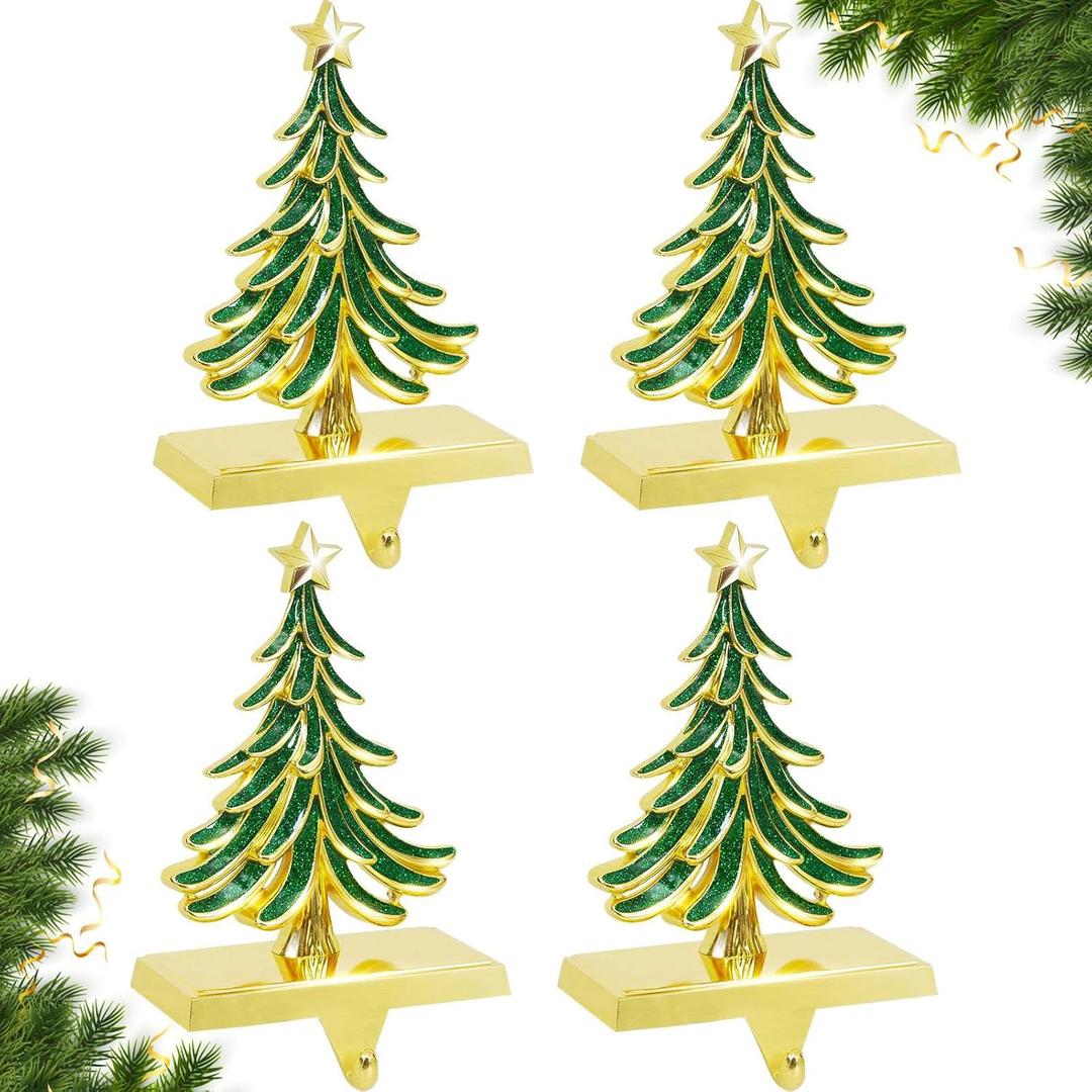 Christmas Stocking Holders for Mantle Set of 4 Green Xmas Tree Stocking Hangers Sturdy Hooks with Gold Non-Slip Base for Fireplace Christmas Gifts Holiday Party Decoration