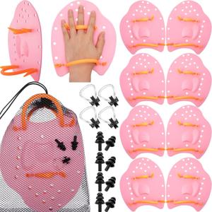 4 Pack Swim Hand Paddles for Lap Swimming, Swim Paddle with Drainage Hole, Adjustable Strap, Mesh Bag, Nose Clip, Ear Plug, Swimming Training Gear for Adults Unisex