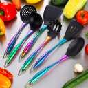 Silicone Cooking Utensils Set, 9Pcs Kitchen Utensil Set with Stainless Steel Handle, Heat-Resistant Silicone Utensils for Cooking, Non-Stick Spatula Set with Spoons, Turners, Ladle (Rainbow)
