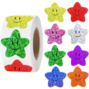 Anwyll Star Smiley Face Stickers - Happy Face Stars Stickers for Kid Reward 500Pcs 1Inch Shiny Star Sticker Self Adhesive Glitter Foil Stars Sticker for Envelope Seal Classroom Teacher Behavior Chart