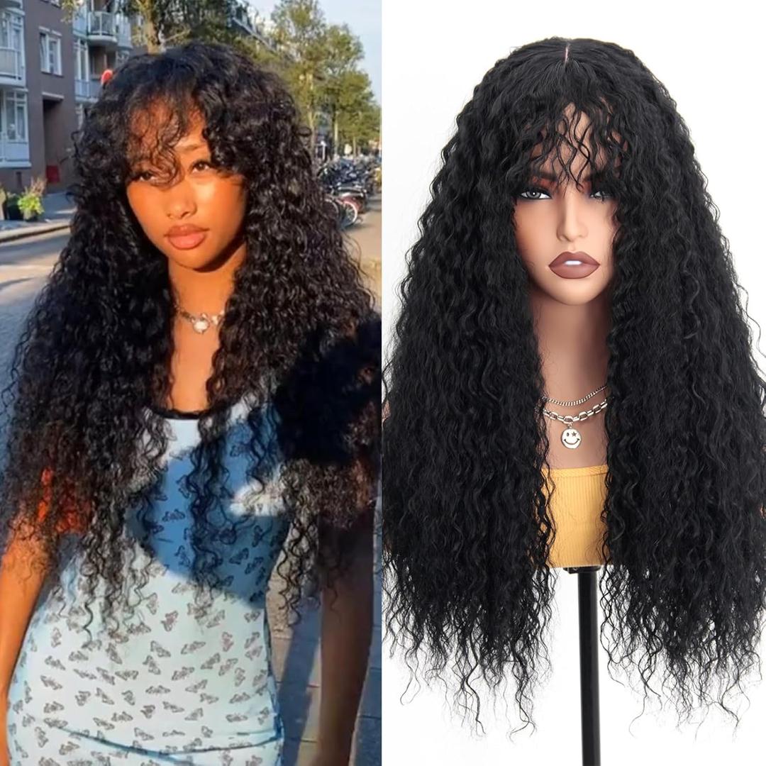 Curly Wig for Women and Girls Long Afro Curls Wig with Bangs Synthetic Hair Replacement Wigs for Cosplay Halloween Daily Use Natural Black 26 Inch (#1B)