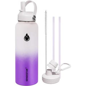SENDESTAR Water Bottle 32oz Double Wall Vacuum Insulated Leak Proof Stainless Steel Sports Water BottleWide Mouth with New Flex Straw Lid & Spout Lid (White&Voilet)