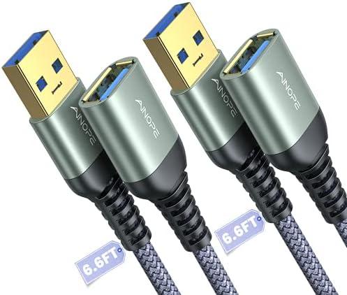 AINOPE 2 Pack USB Extensions Cable High Speed USB 3.0 Extension Cord Type A Male to Female Sturdy Braided Material Fast Data Transfer Compatible with USB Keyboard,Mouse,Flash Drive,Grey,6.6FT+6.6FT