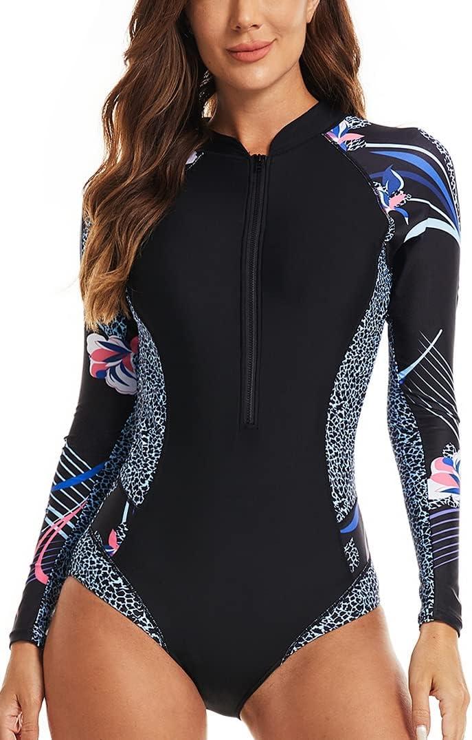 LafyKoly Women's One Piece Long Sleeve Rash Guard UV Protection Printed Surfing Swimsuit Swimwear Bathing Suit (X-Large, Black&blue&pink)