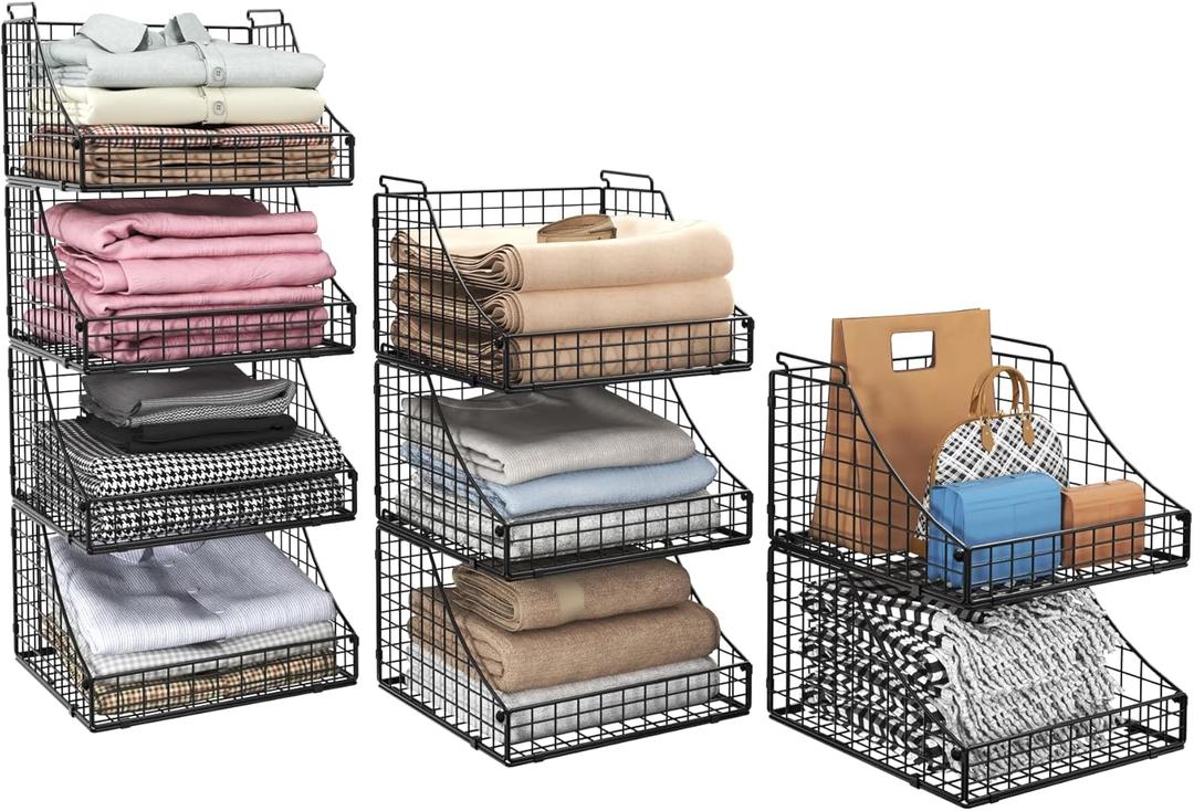 4-Pack Stackable Wire Baskets for Closet Organizers and Storage, Open Storage Bins for Clothes, Toys, and Snacks - Rustic Metal Closet Organizer and Shelves in Black