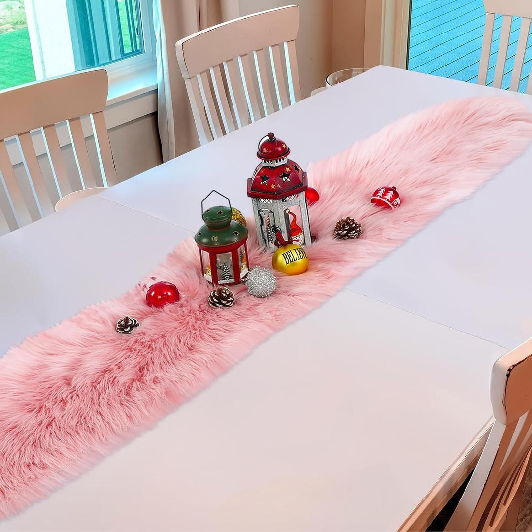 Buryeah 2 Pcs Christmas Table Runner, 72 x 13 Inch Faux Fur Table Runner Dresser Fur Table Runners Decoration Rug Christmas Table Decorations for Xmas Wedding Birthday Winter Dining Table (Pink)