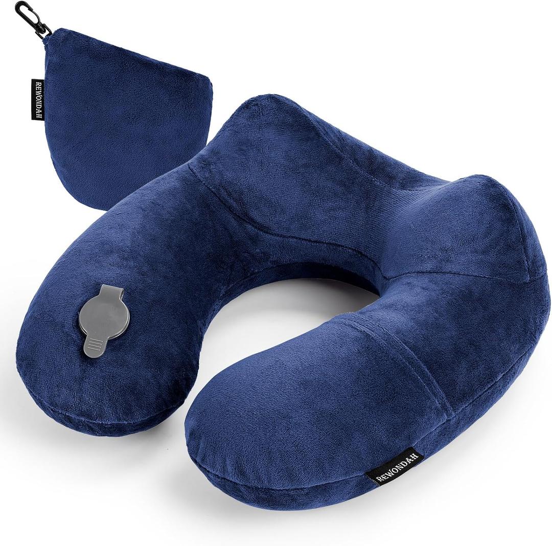 Rewondah Inflatable Travel Pillow for Sleeping Airplane - Inflatable Neck Pillow for Traveling on Plane with Washable Cover, Blow up Neck Travel Pillow for Airplanes, Cars - Portable and Comfortable, M-Shape