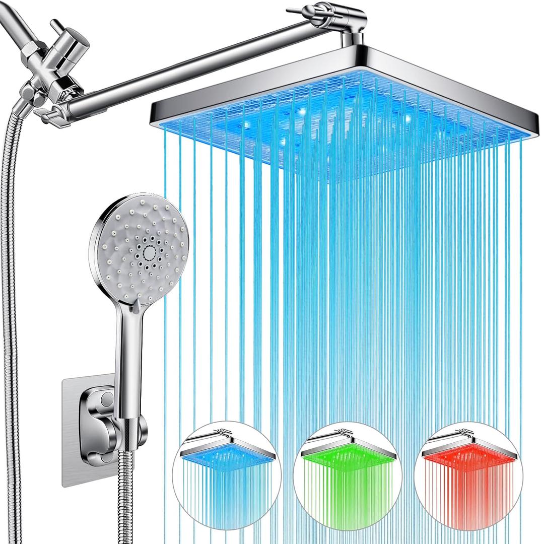 PinWin Shower Head, 8'' Dual Rain Shower Head with 11'' Adjustable Extension Arm, 7-Setting High-Pressure Handheld Combo, Rainfall LED Shower Head Water Temperature Controlled Color Changing, Chrome (8'' Showerhead Set)