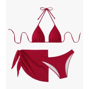 SHENHE Women's 3 Piece Textured High Cut Halter Triangle Bikini Swimsuit with Cover Up, Medium
