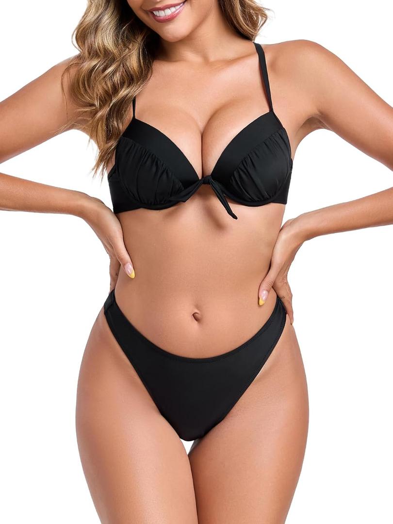 RELLECIGA Women's Push Up Bikini Set Underwire High Cut Sexy Two Piece Bathing Suit (Large, Black)